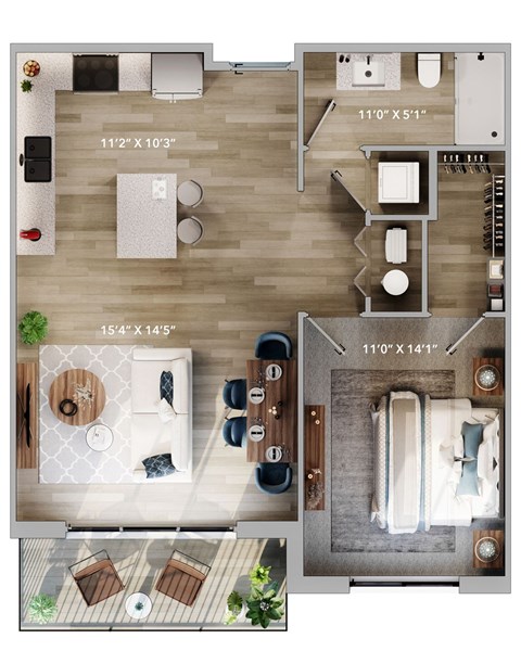 Floor plan for 1 bed, 1 bath, 756 sqft